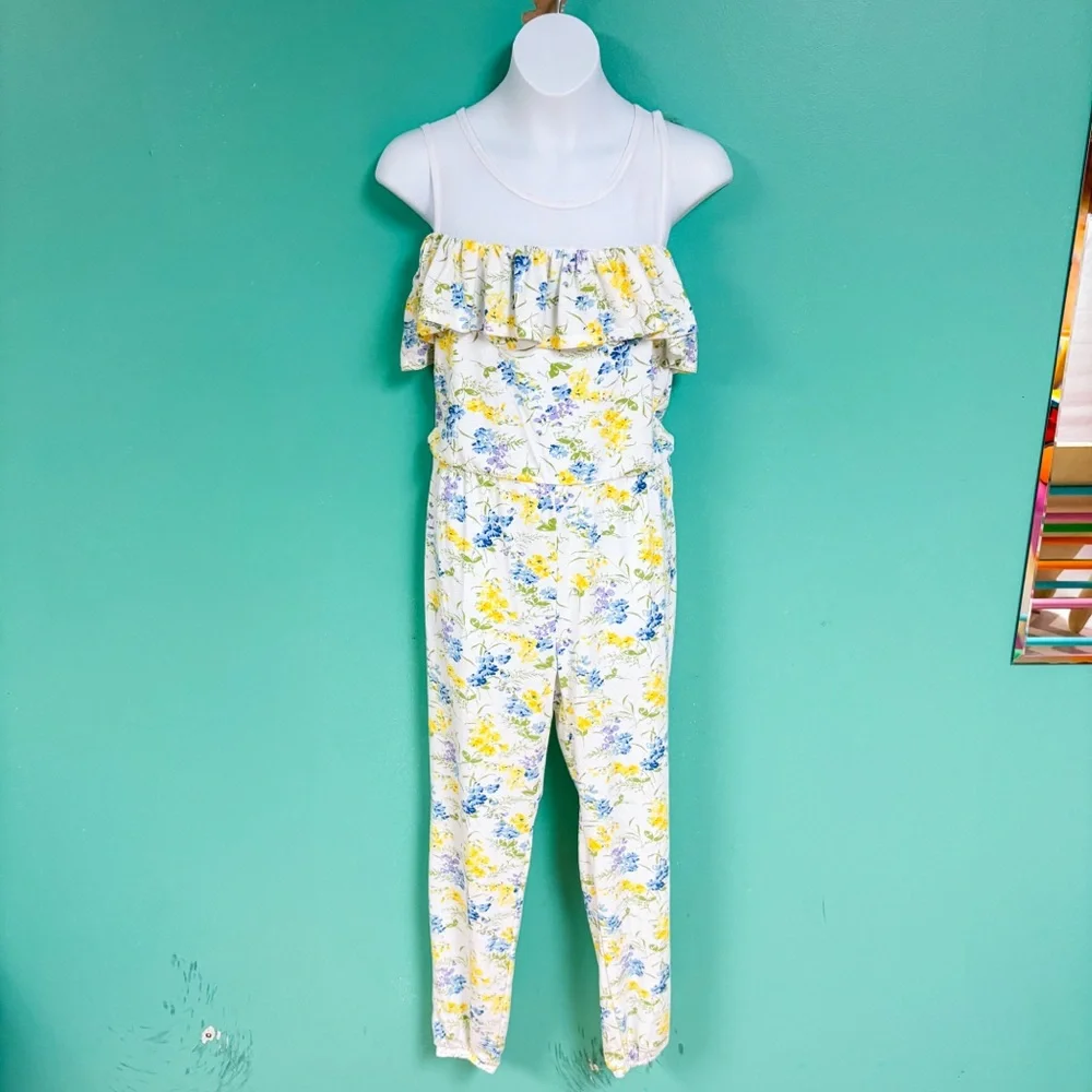 Laura Ashley Girls Yellow & White Floral Cold Shoulder Mesh Detail Jumpsuit M